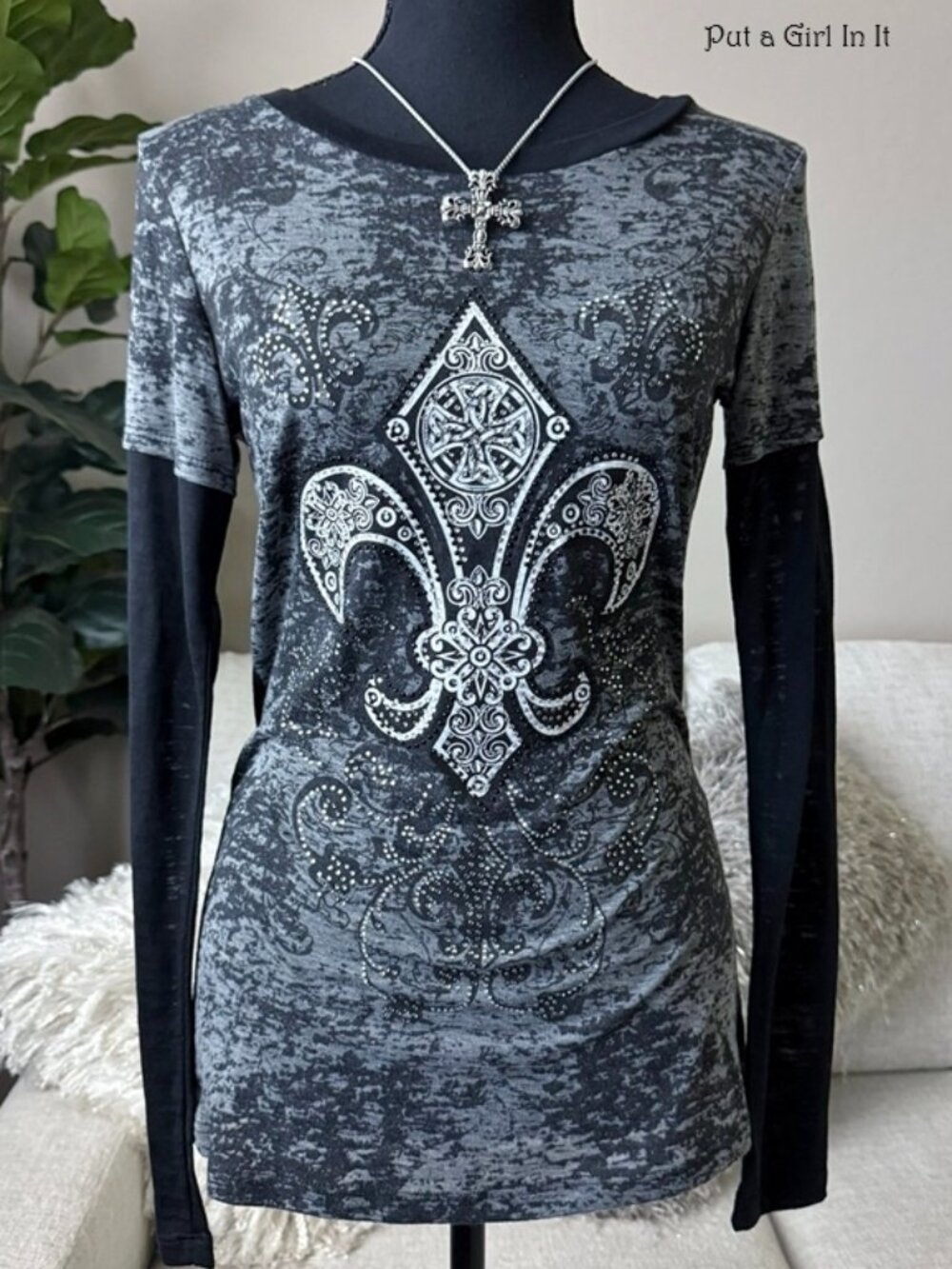 New Vocal Apparel women's embellished crystal black fleur de lis shirt s m l xl